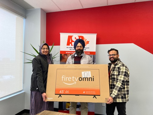 From left to right: Talent Acquisition Lead Fatema Pipalyawala, Respite Specialist employee Atinderpal Singh (the winner) and Kunal Sachdeva (Coordinator).